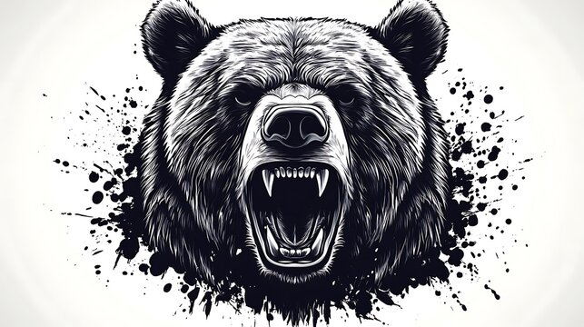 Detailed black and white illustration of a roaring bear head.