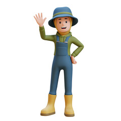 3D muslim female Farmer Character waves hand say hello