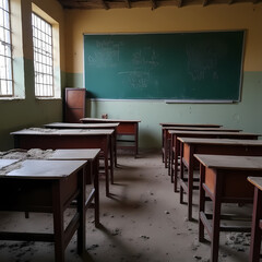 An abandoned classroom with empty desks and broken chalkboards, representing lack of access to education