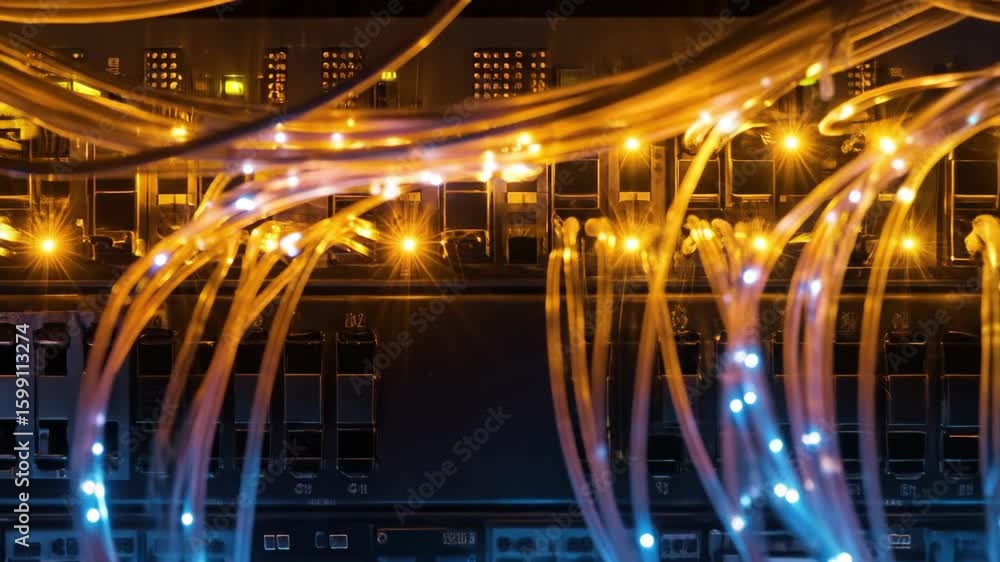 Poster server room with network cables connected to switch. technology infrastructure, network solution.