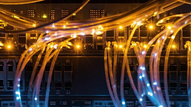 Server room with network cables connected to switch. Technology infrastructure, network solution.