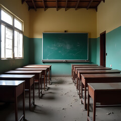 An abandoned classroom with empty desks and broken chalkboards, representing lack of access to education