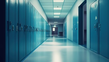Obraz premium An empty high school hallway with blue lockers and white floors, captured in a photorealistic style. The photograph should emphasize the texture of each locker door, showcasing their different