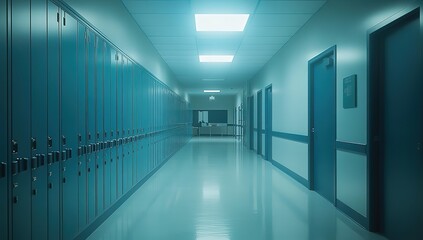 An empty high school hallway with blue lockers and white floors, captured in a photorealistic style. The photograph should emphasize the texture of each locker door, showcasing their different