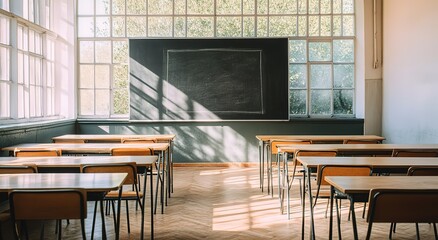 An empty school classroom with chairs and desks arranged neatly, with sunlight streaming through the windows onto an old chalkboard on one wall. The room is bathed in warm light