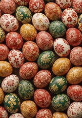 Decorative Easter Eggs in Red, Green, and Gold