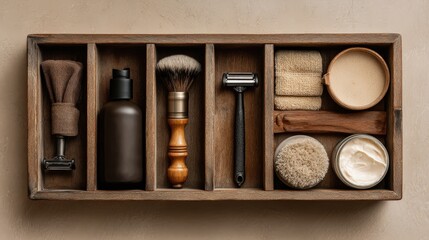 Essentials for men's grooming arranged in a clean wooden organizer on a warm neutral background