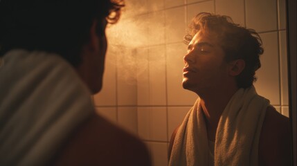 Young man enjoying a soothing aftershave balm treatment in a steamy bathroom during a self-care routine