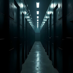 Rows of locked prison cells with dim lighting, reflecting mass incarceration