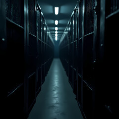 Rows of locked prison cells with dim lighting, reflecting mass incarceration