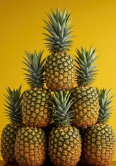 Fototapeta premium Pyramid of Ripe Pineapples Against Yellow Background