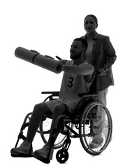 Silhouette of sporty young man in wheelchair with fitness mat and woman on white background