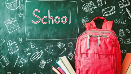 Back to school concept with books, backpack, and blackboard background with drawing of icons related to education. "School" is written on the green chalkboard, with copy space for text