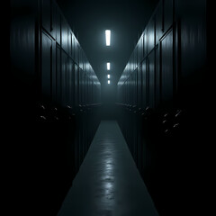 Rows of locked prison cells with dim lighting, reflecting mass incarceration