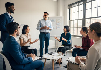 Smiling businesspeople are in a meeting, working as a team in a conference room