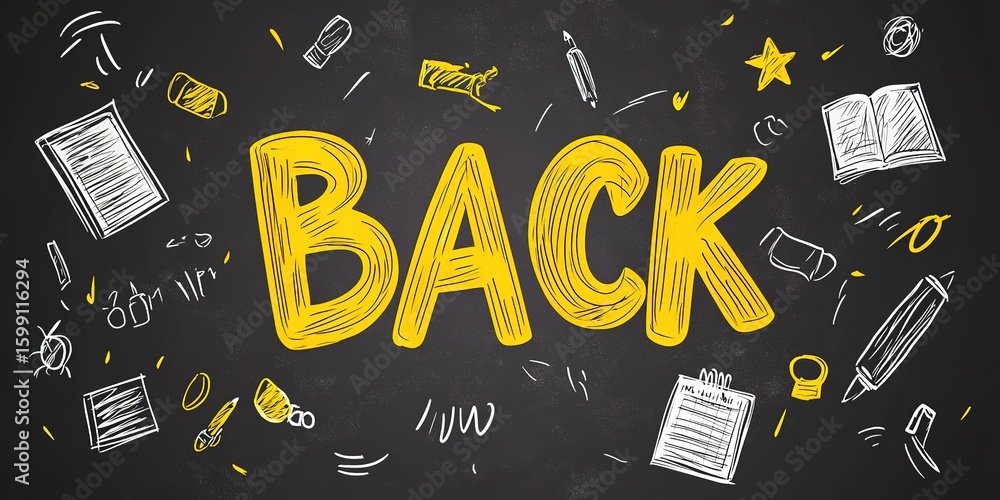 Fototapete back to school text effect vector file with easily recognizable letters and icons, in a yellow color