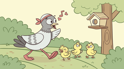 A singing pigeon leads three chicks near a birdhouse in a cartoon style outdoor setting view