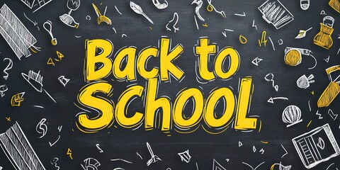 Back to School text effect vector file with easy Bromoil icon and hand-drawn elements on a chalkboard background, yellow-colored text for any size or shape of words, simple black outline font