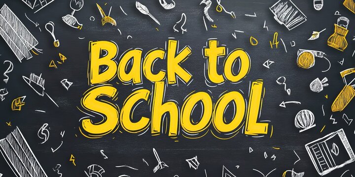 Back to School text effect vector file with easy Bromoil icon and hand-drawn elements on a chalkboard background, yellow-colored text for any size or shape of words, simple black outline font