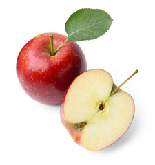 Half and whole red apples with leaf isolated on white