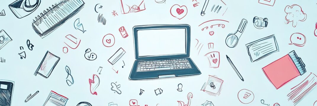 Background of light blue with red doodles on a school theme, icons like a laptop computer and social media symbols.