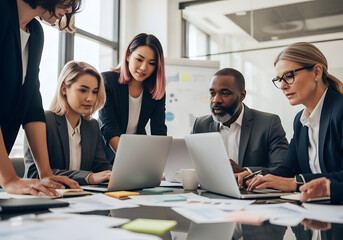 A group of diverse business people are working together in a corporate meeting, fostering teamwork and discussion in the office