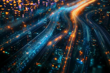 Aerial View of Futuristic City with Light Trails During Nighttime