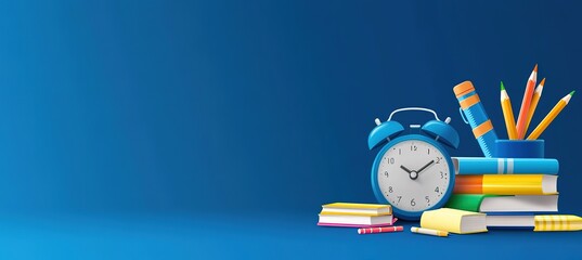 Back-to-school banner with an alarm clock, books, and pencils on a blue background. School supplies concept for back-to-school promotion or advertising design. Vector illustration of learning element