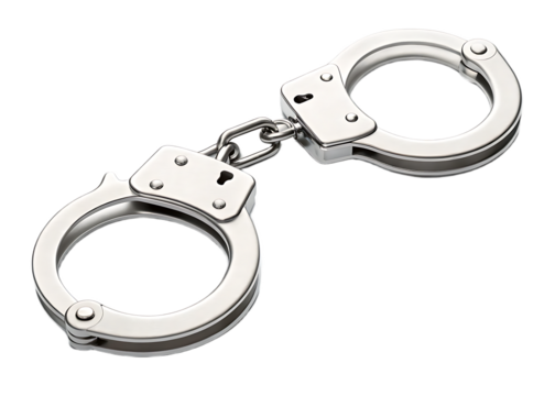 A close up shot of metal handcuffs connected by a chain on a black isolated background studio shot