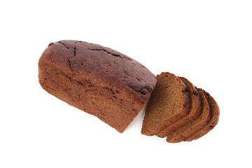 Cut fresh rye bread isolated on white, top view