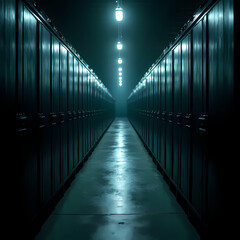 Rows of locked prison cells with dim lighting, reflecting mass incarceration