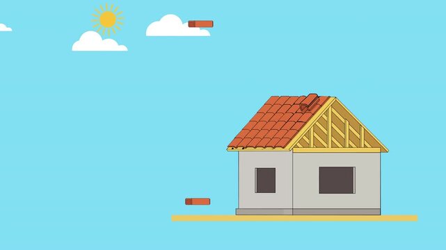 Illustration depicting a construction worker or roofer installing red tiles on the roof of a new house under construction, with building materials on site. Ideal for real estate, home improvement, etc