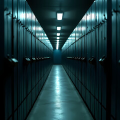 Rows of locked prison cells with dim lighting, reflecting mass incarceration