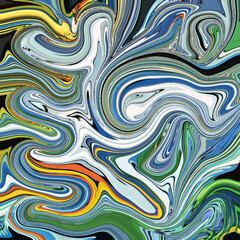 Vibrant abstract swirl with cool blue, green, and white tones accented by pops of orange and yellow, evoking ocean waves and energetic flow.
