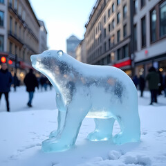 A single melting ice sculpture of a polar bear placed on a city street, representing climate change