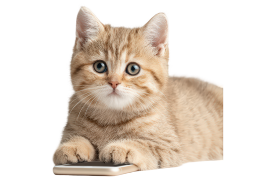 Cute Kitten Using Mobile Phone Isolated on White Background