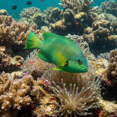 Green Fish on Vibrant Coral Reef Undersea