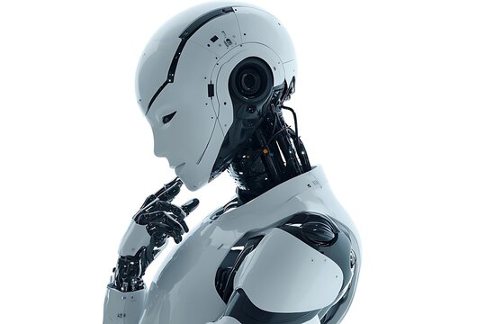 Futuristic humanoid robot deep in thought, artificial intelligence concept, high tech machinery