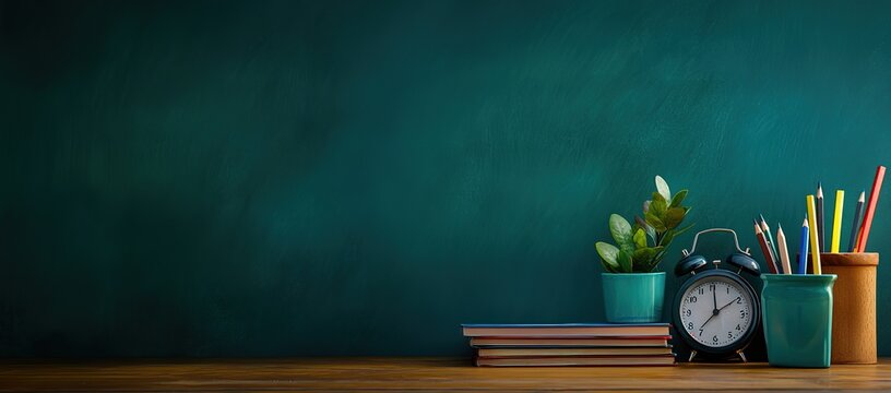 Back-to-school concept with books, an alarm clock, and a pencil pot on a wooden desk in front of a green chalkboard background. Banner with copy space for text. Stock photo with 2/3 space