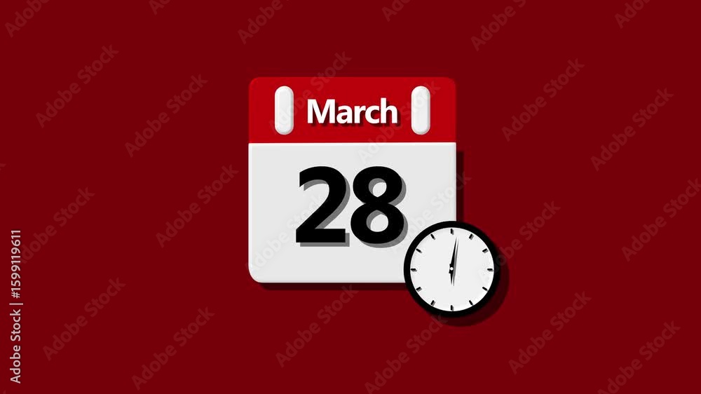 Poster 28 march month calendar. calendar simple icon animation date change time month. analog calendar and 