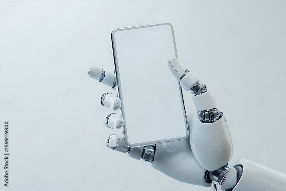 Poster robot hand holding smartphone with blank screen for mockup display and artificial intelligence