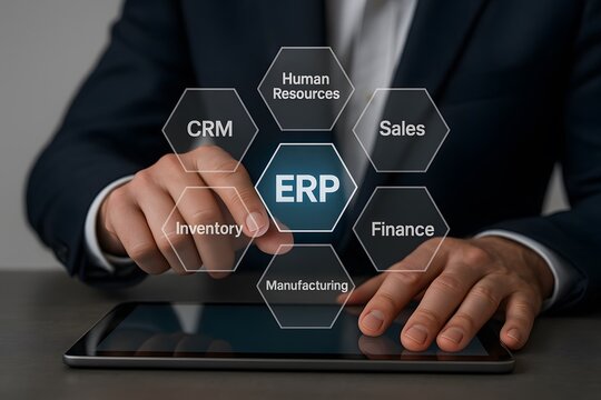 Business professional interacting with an ERP system interface on a digital tablet, demonstrating the integration of various business functions
