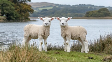 Obraz premium Two adorable lambs stand by a tranquil lake.