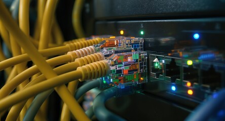Close-up of Network Cables Connected to a Server Rack.
