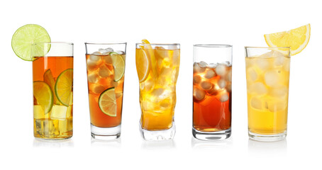 Iced tea. Different types of drinks in glasses isolated on white, set