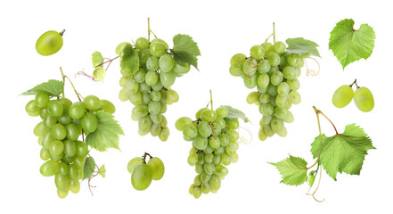 Fresh juicy grapes and green leaves on white background, collection