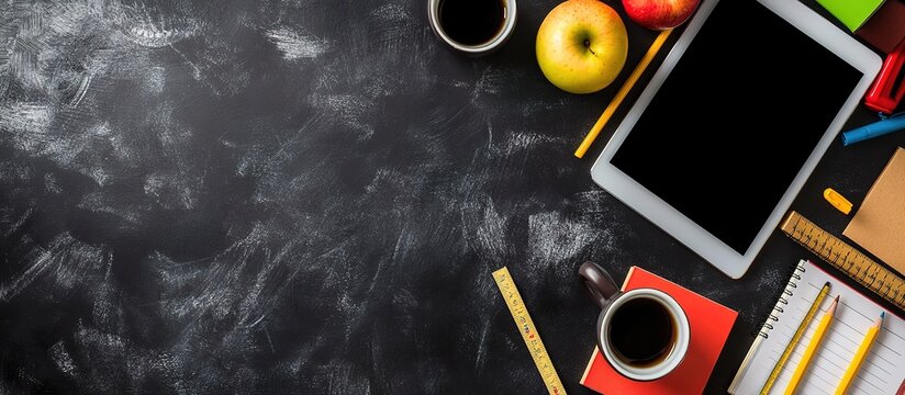 Black chalkboard background with school supplies and copy space, flat lay. Modern creative desk top view. Top down photography of black table surface with digital tablet, coffee cup, books, pencil - Powered by Adobe