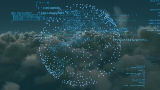 Drifting clouds initiating code particles forming rotating sphere illustrating cloud computing