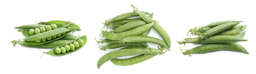 Fresh green peas in pods isolated on white, set