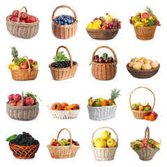 Many fresh fruits and berries in baskets isolated on white, collage